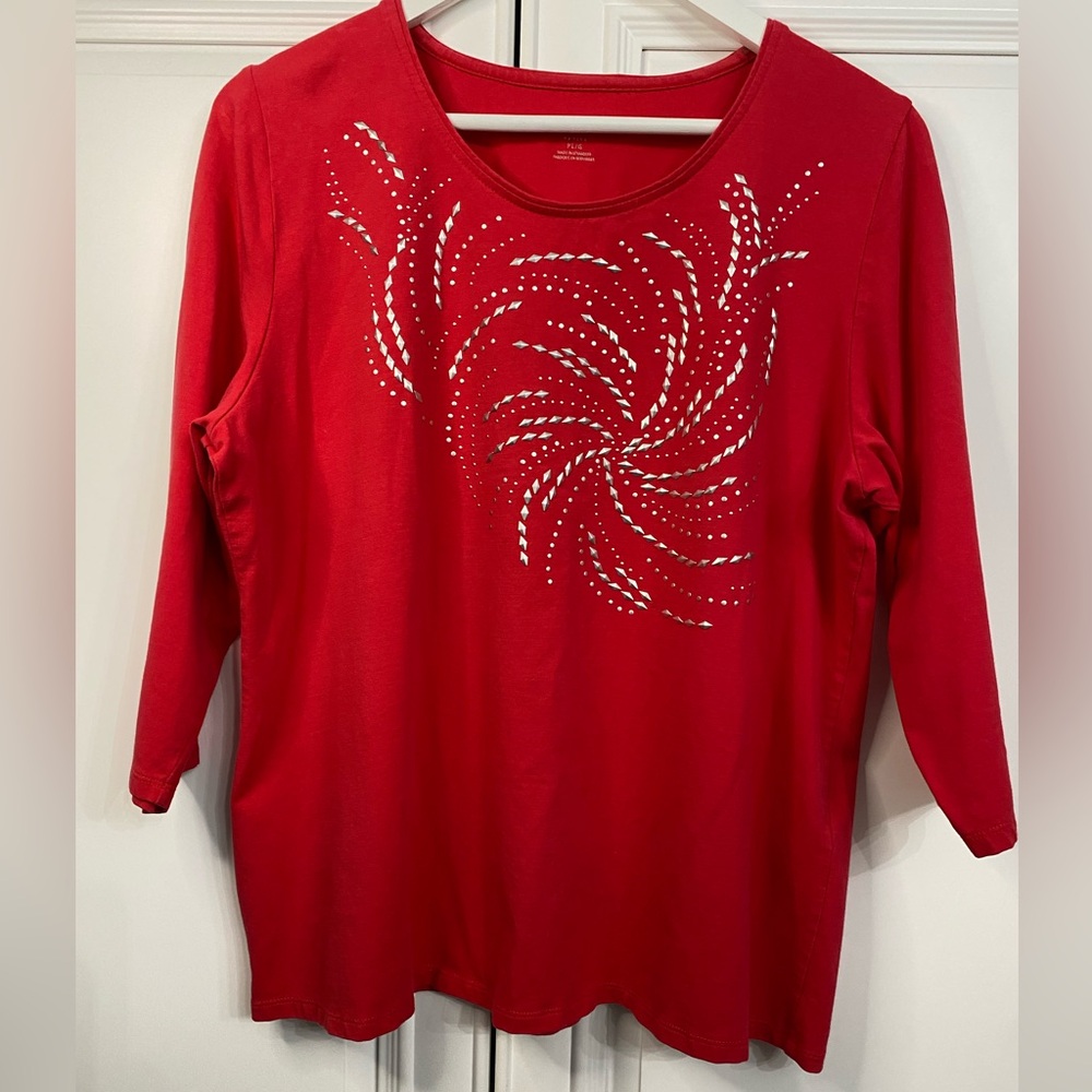 Alia Women’s Size Petite Large Scoop Neck 3/4 Sleeves Red Shirt Silver Beading